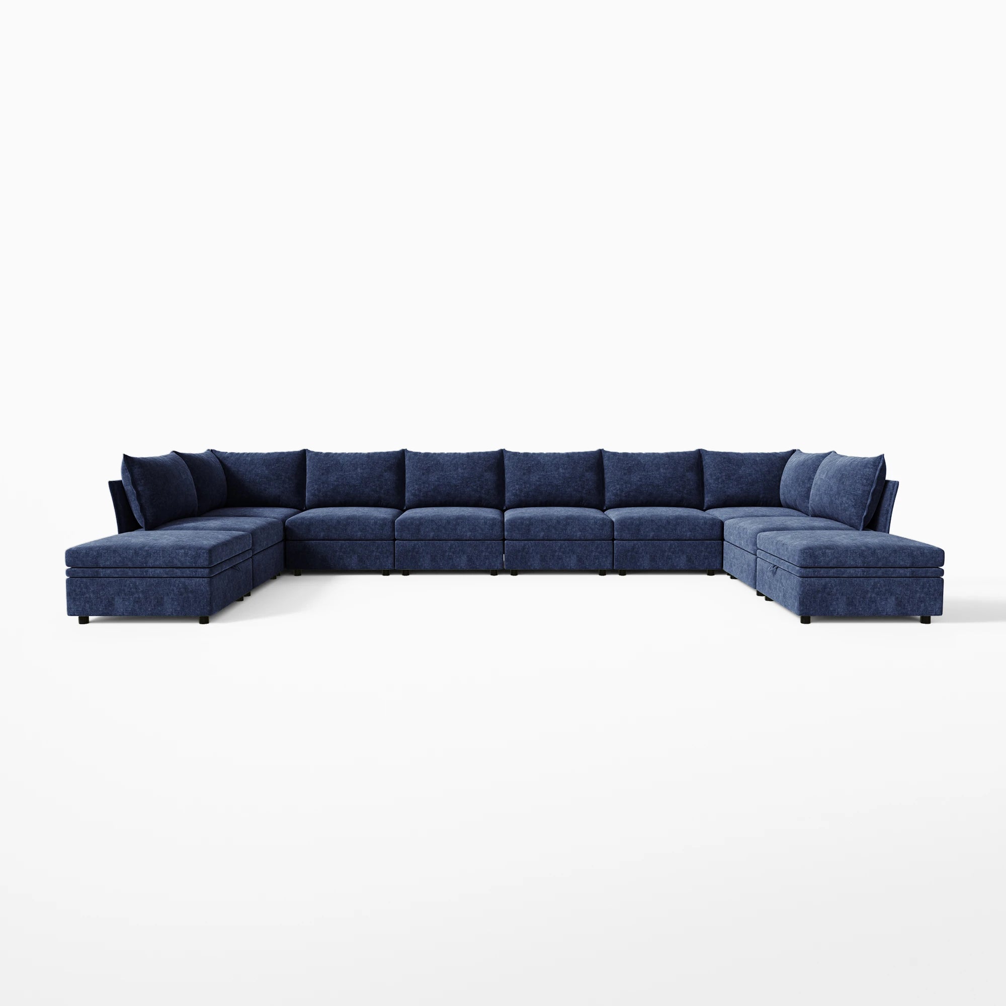Deep blue 10-piece Huddle chenille modular sofa featuring a wide 6-seat span and deep symmetrical loungers.