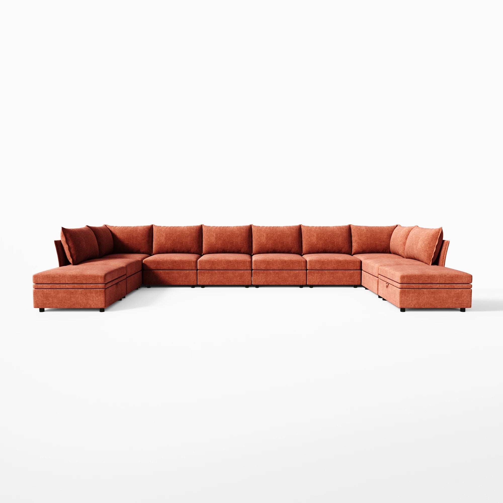 Terracotta 10-piece Huddle modular sofa main view showing the massive 6-seat back row and twin front pods.
