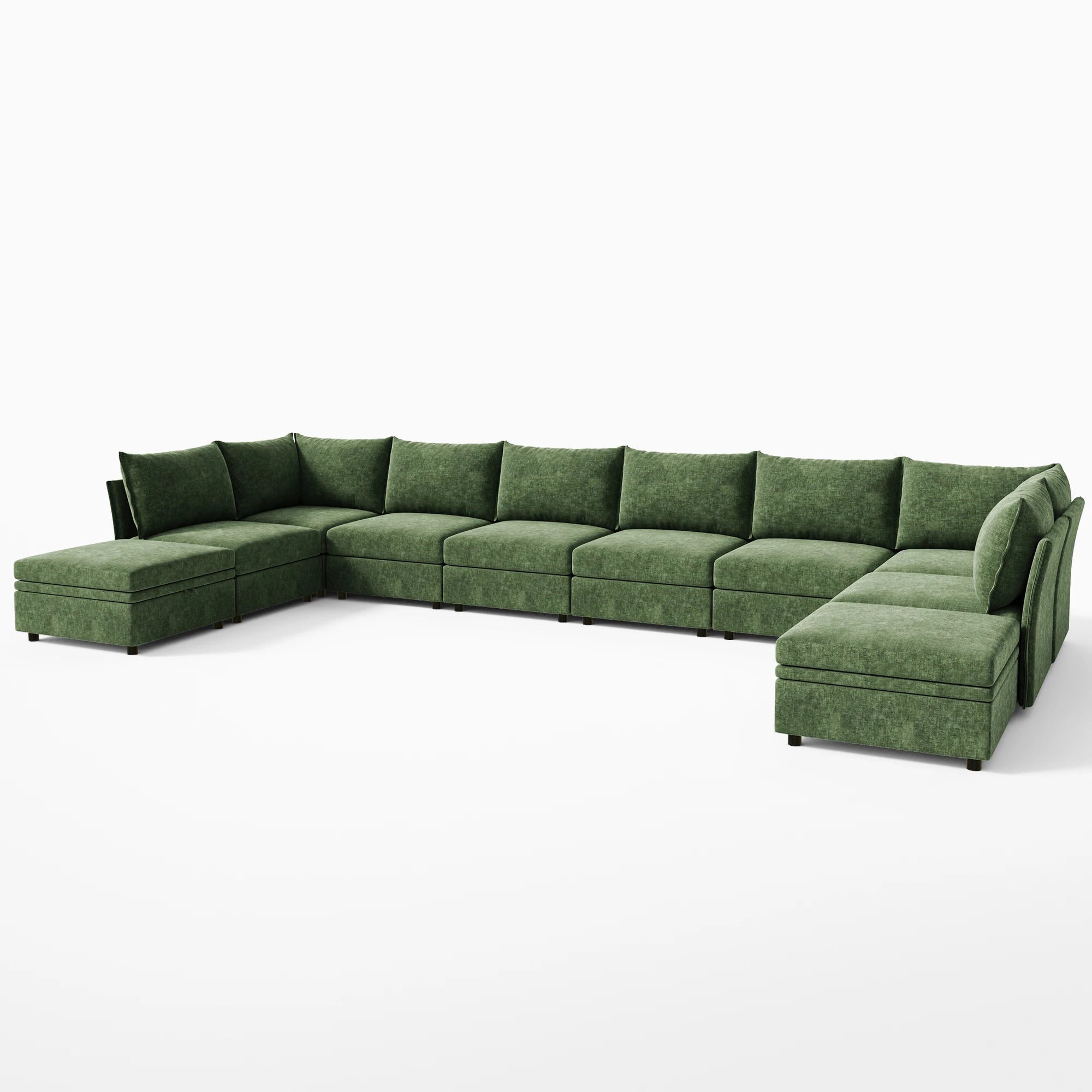 A subtle side-angled perspective of the 10-piece Huddle green modular sofa highlighting the twin side-chaise extensions.
