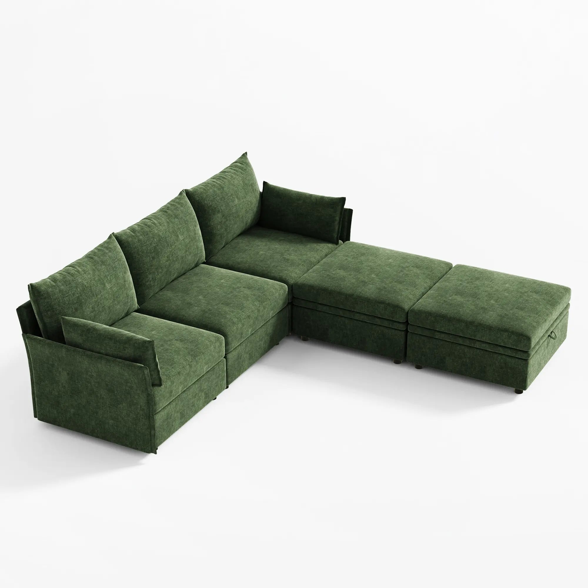 ABCASA Huddle 3-seat modular sofa in green with two ottomans placed on one side for a double chaise layout.