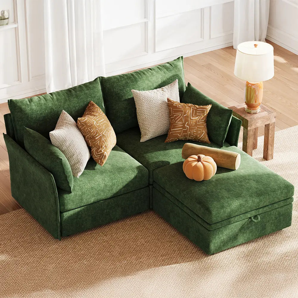 A cozy, modern apartment living room styled with the ABCASA Huddle green modular sofa.