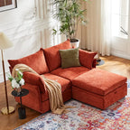 Modern apartment living room styled with the ABCASA Huddle terracotta storage loveseat with an ottoman.