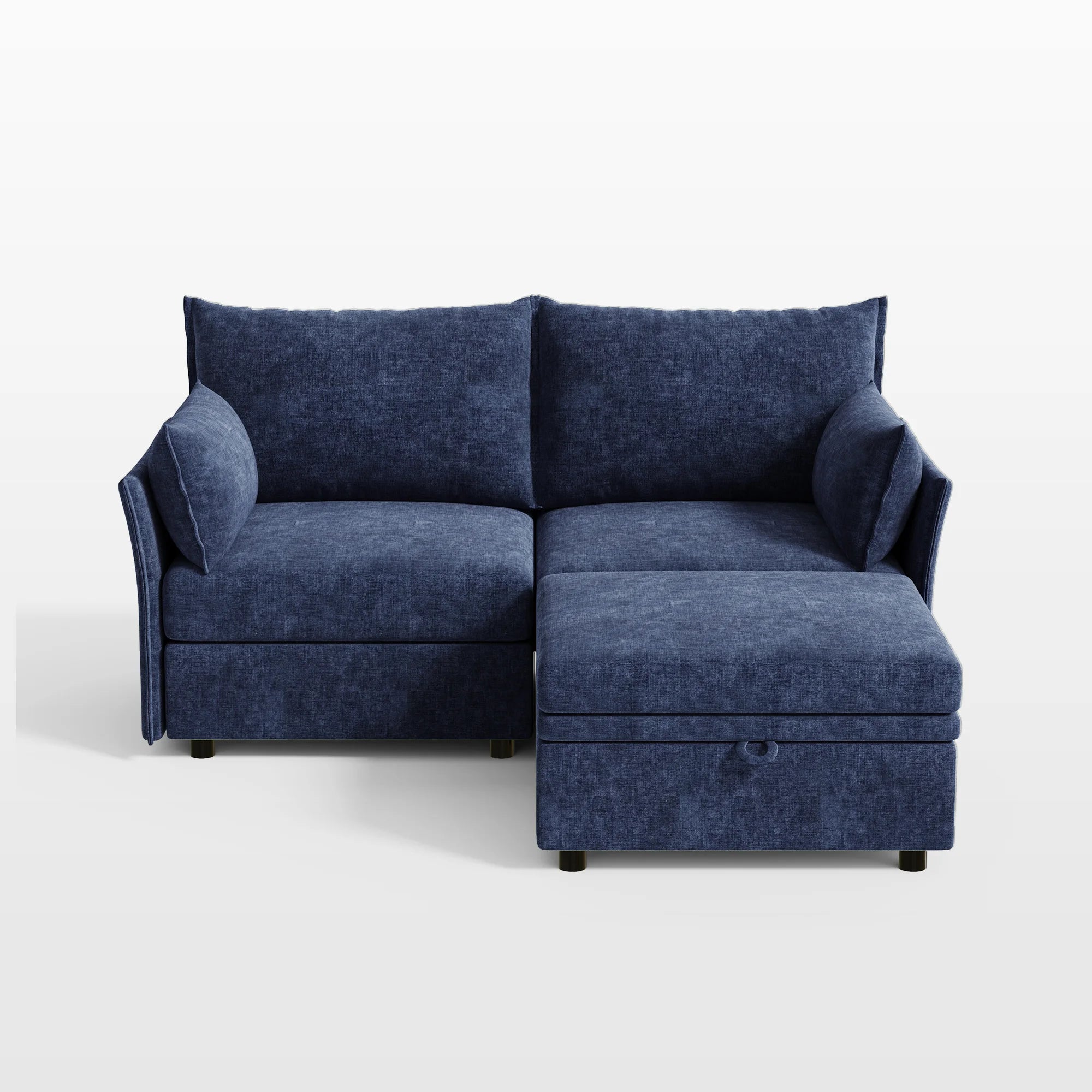 Deep blue Huddle 3-piece chenille modular sofa with versatile ottoman extension.