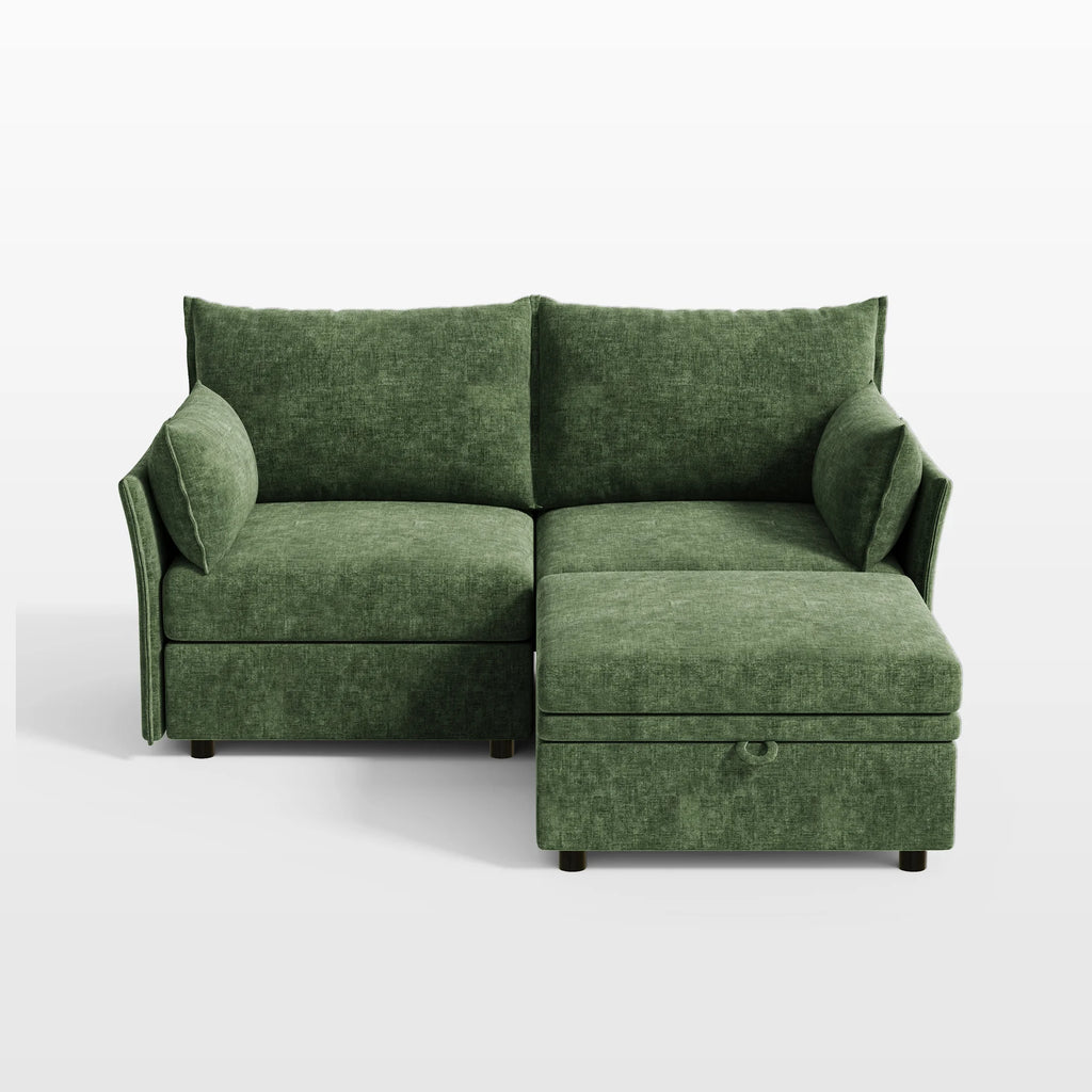 ABCASA Huddle 3-piece modular sofa with ottoman in forest green chenille fabric.