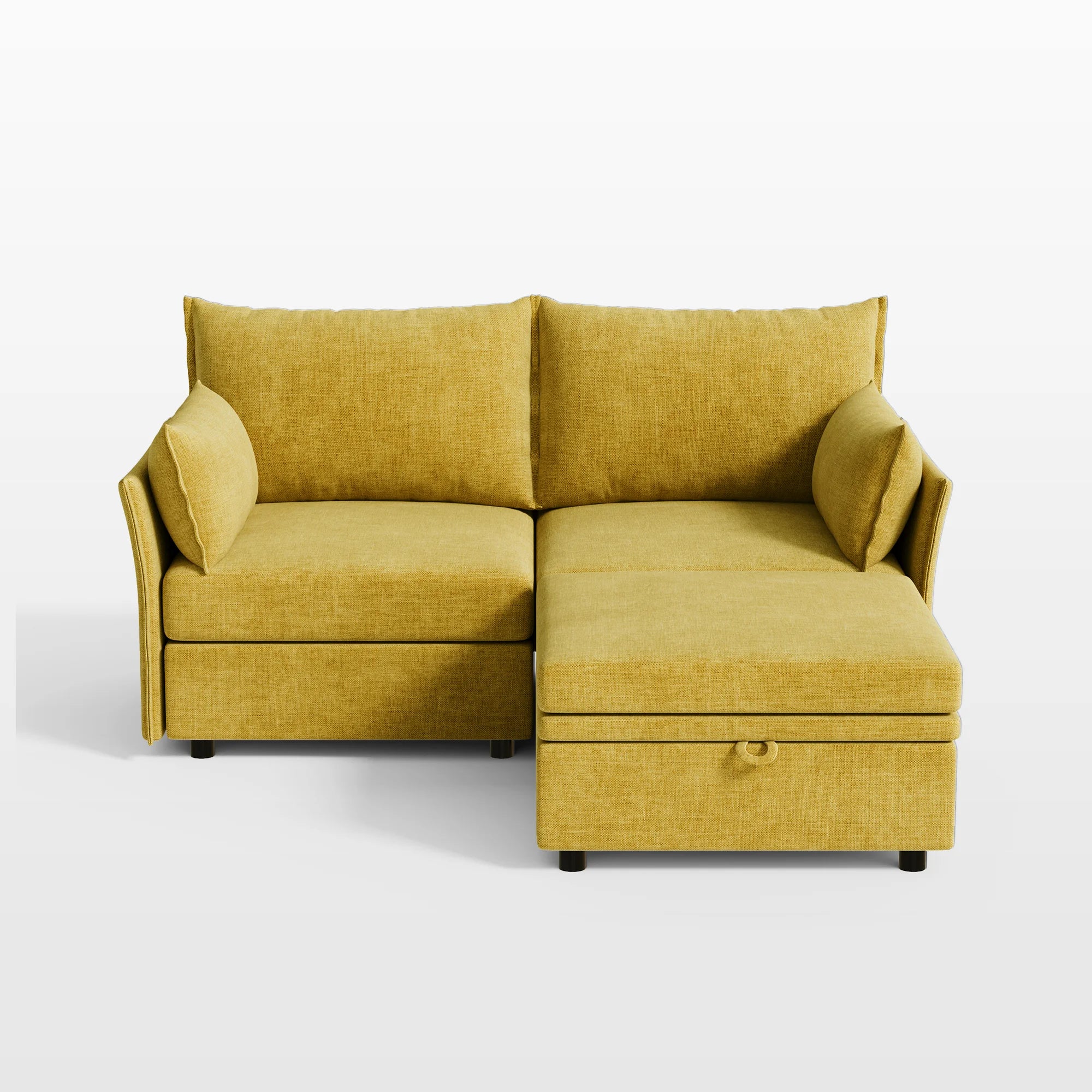 Bright yellow Huddle 3-piece modular sectional with ottoman for flexible seating.