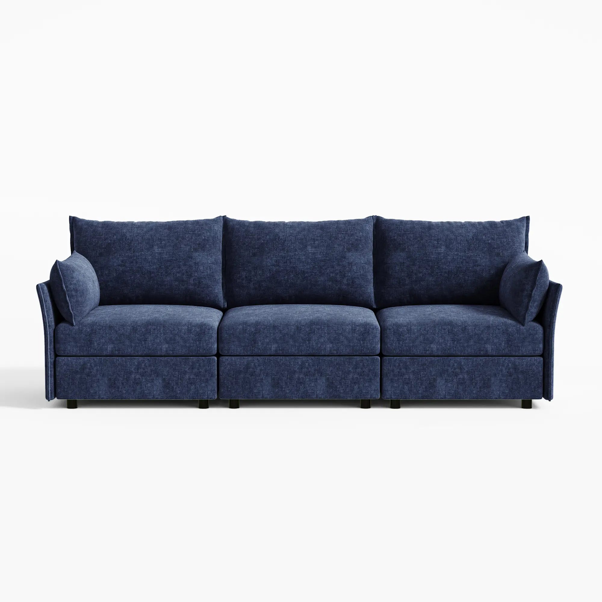 Deep blue chenille 3-seat sofa, part of the ABCASA Huddle customizable modular series.