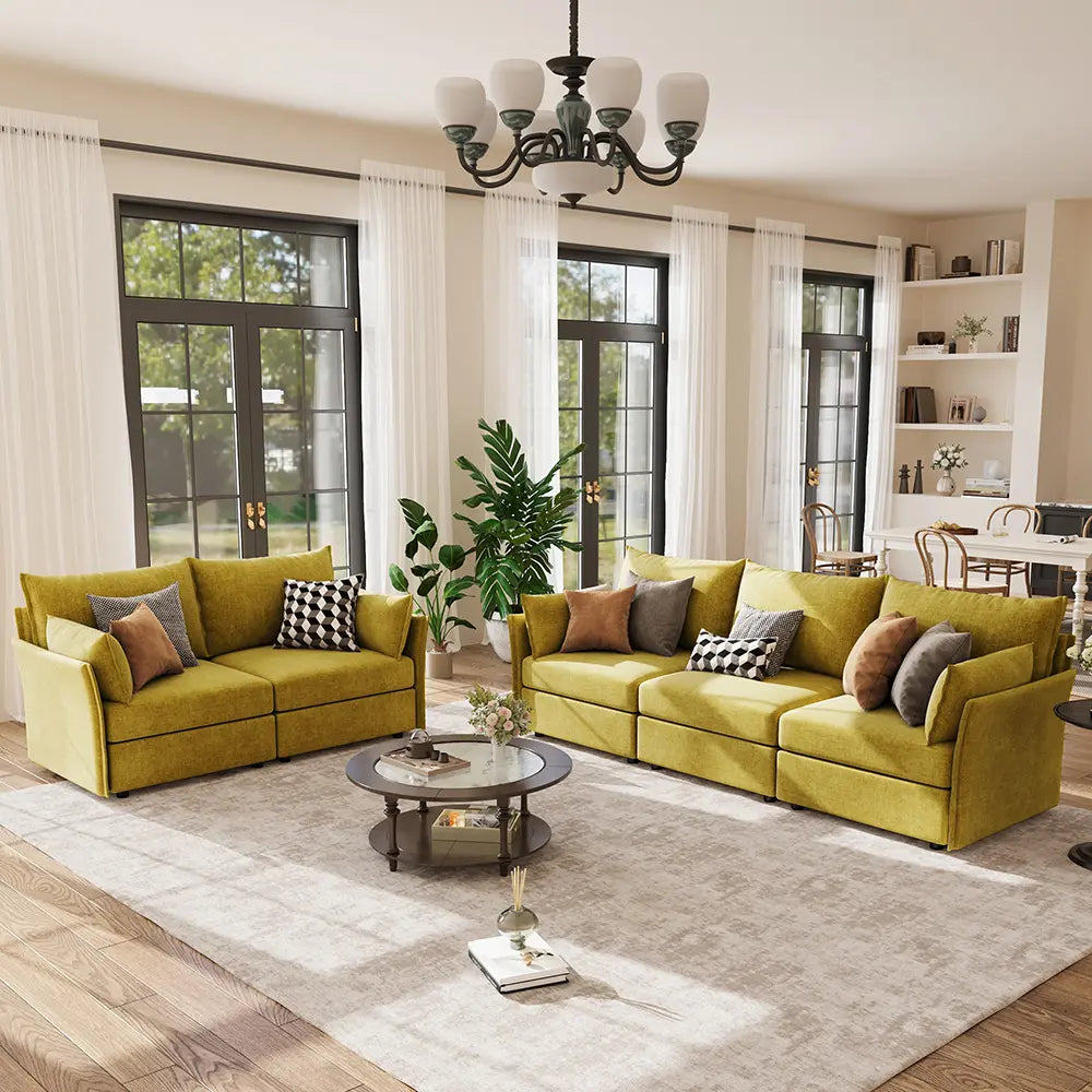 Family-style living room arrangement with the ABCASA Huddle large 3-piece modular sofa in yellow.