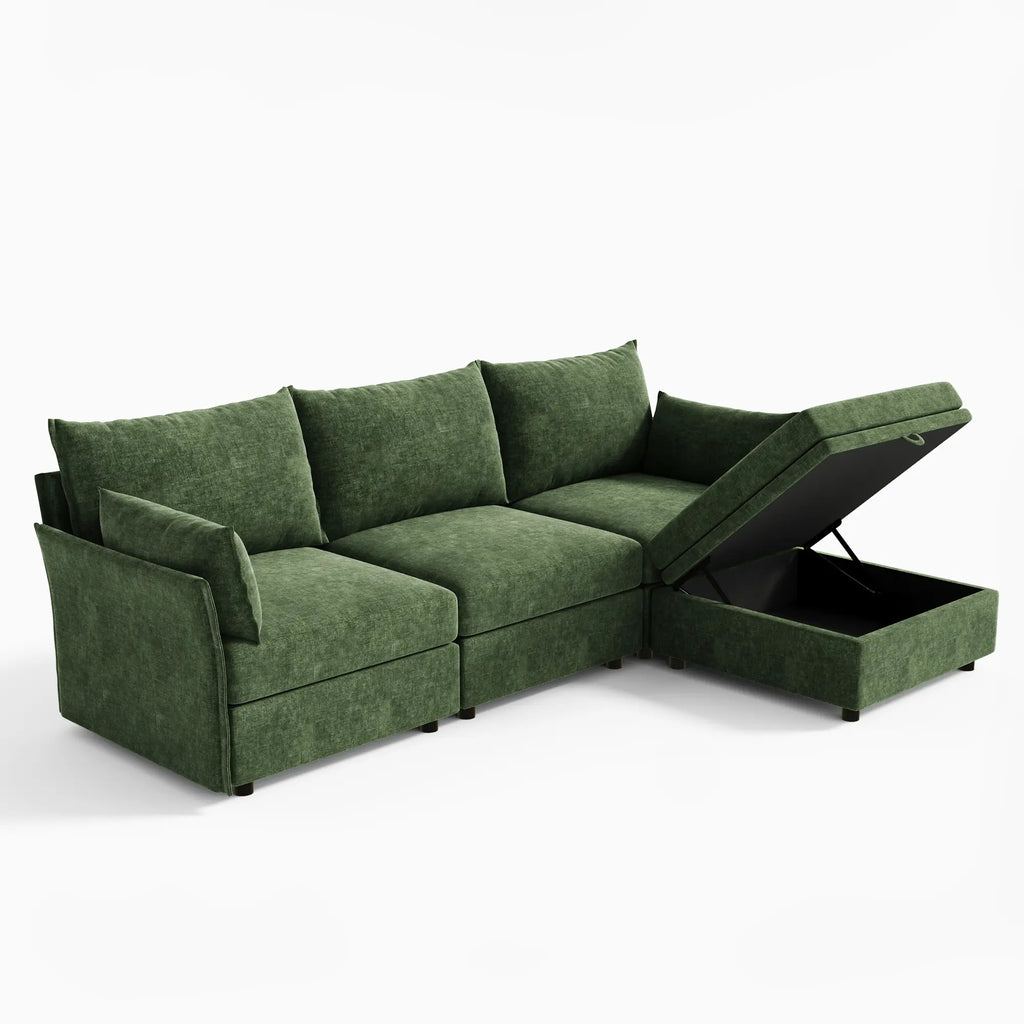 Angled view highlighting the storage ottoman on the Huddle sofa in green.
