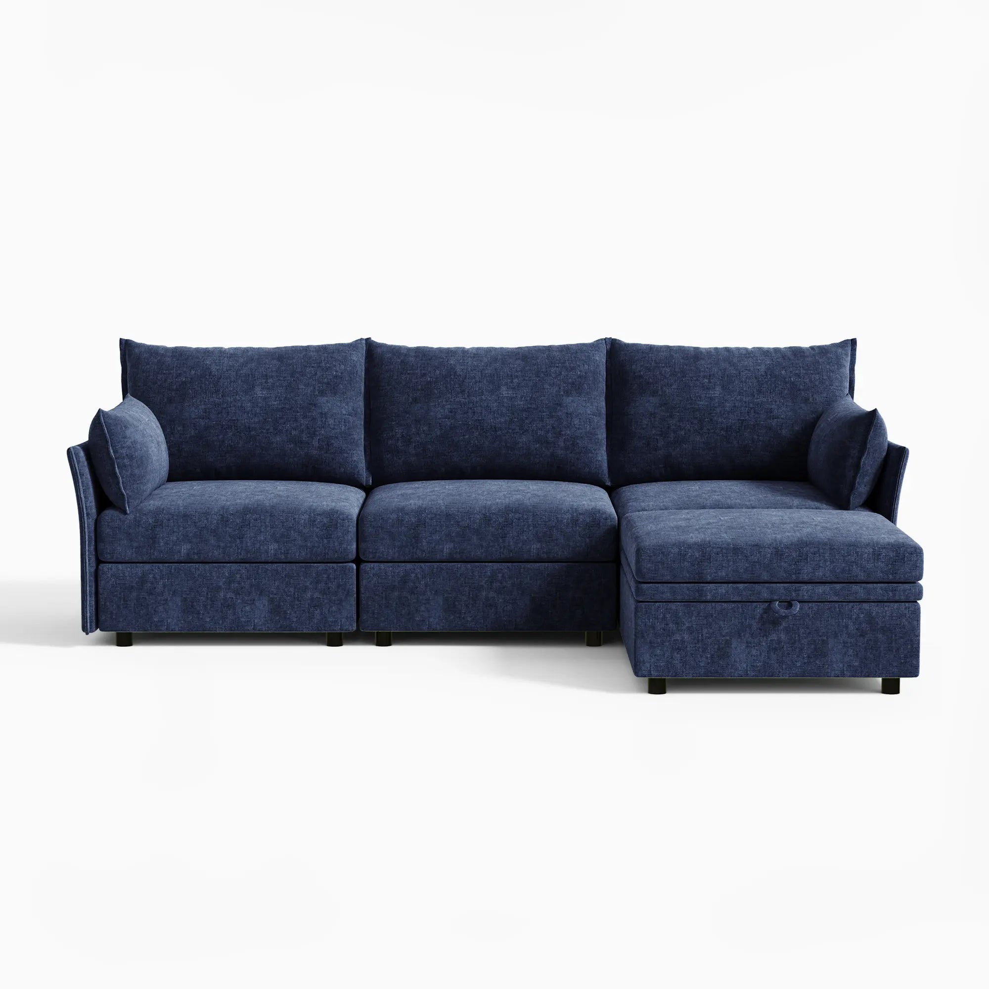 Deep blue Huddle 4-piece chenille sofa featuring extra-deep seating and a plush ottoman.