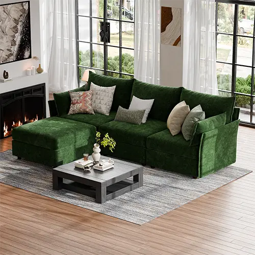 Modern living room featuring the ABCASA Huddle green sectional with contemporary decor.