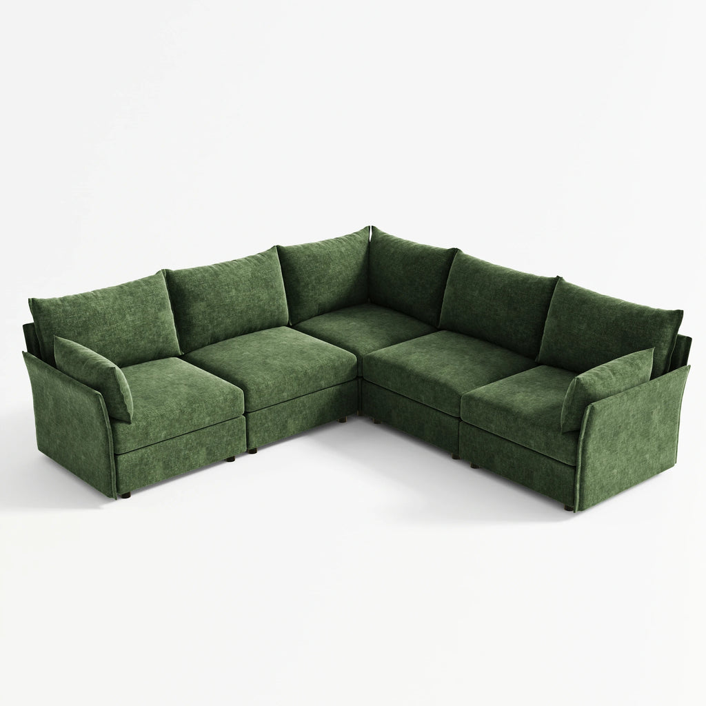 ABCASA Huddle 5-piece symmetric L-shaped modular sectional in green chenille with equal lengths on both sides.