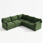 ABCASA Huddle 5-piece symmetric L-shaped modular sectional in green chenille with equal lengths on both sides.