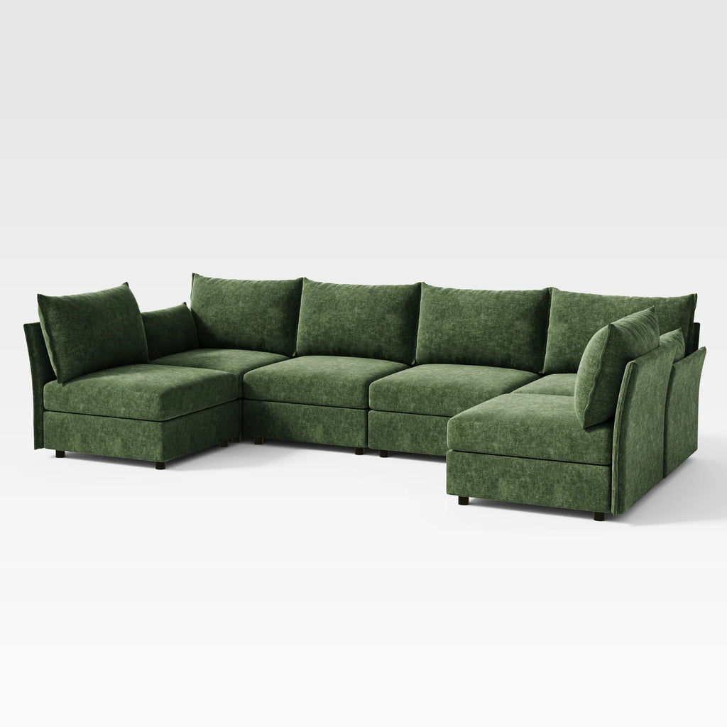 Subtle front-angled perspective of the 6-piece Huddle green sectional highlighting the deep symmetrical twin chaises.