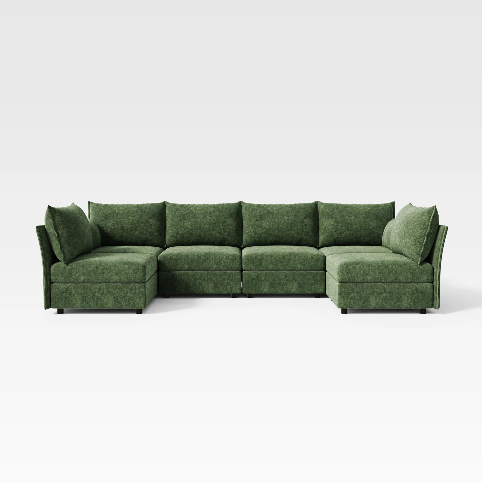 Main front view of the ABCASA Huddle 6-piece modular sofa in green, configured with dual end chaises for maximum lounging.