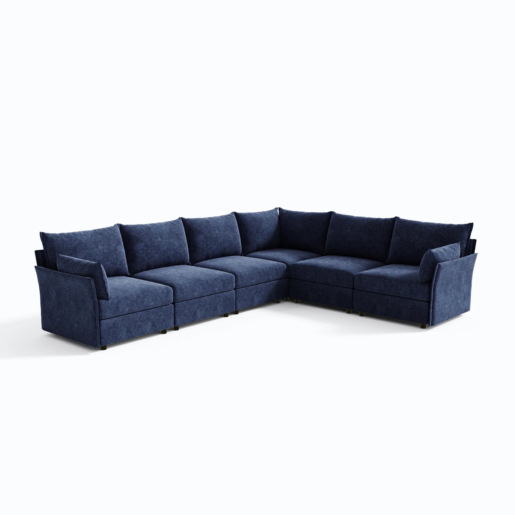 ABCASA Huddle 6-piece large L-shaped modular sectional in blue chenille.