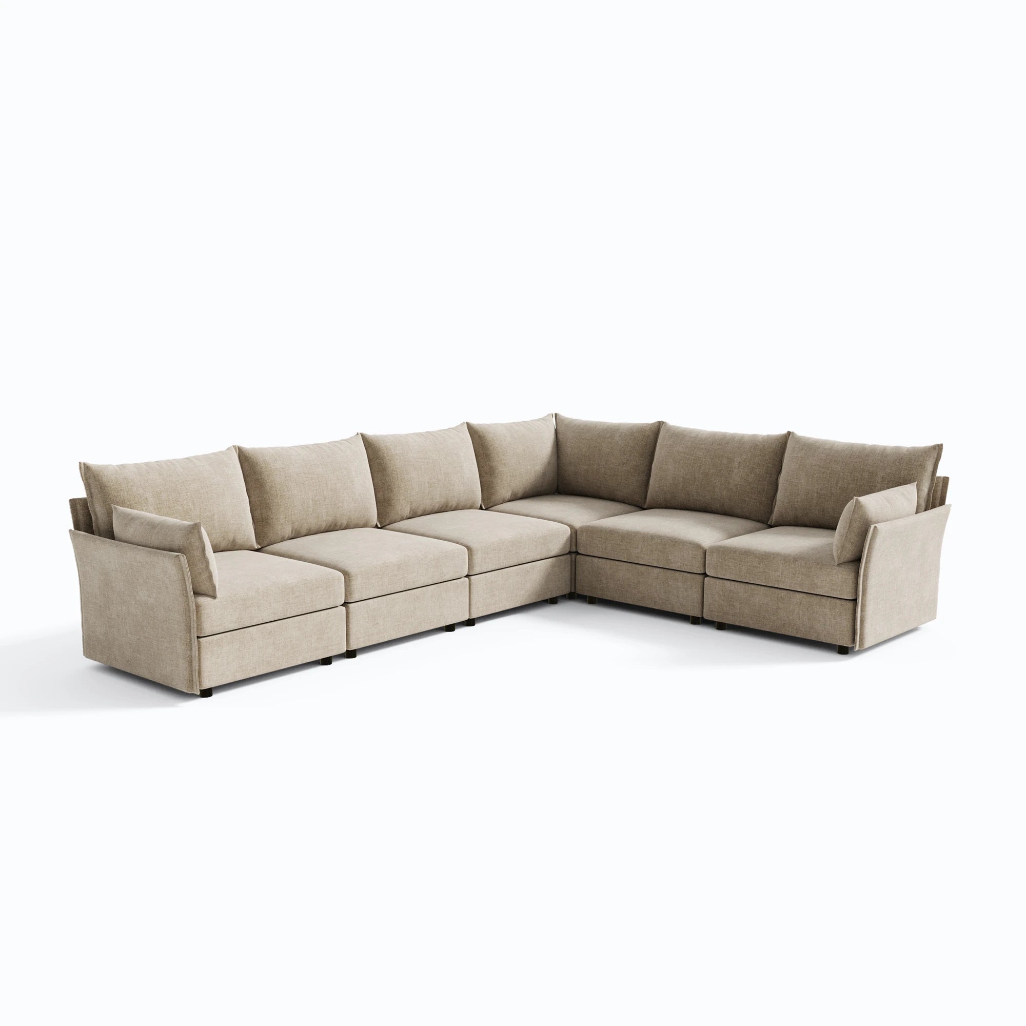 ABCASA Huddle 6-piece large L-shaped modular sectional in beige chenille.