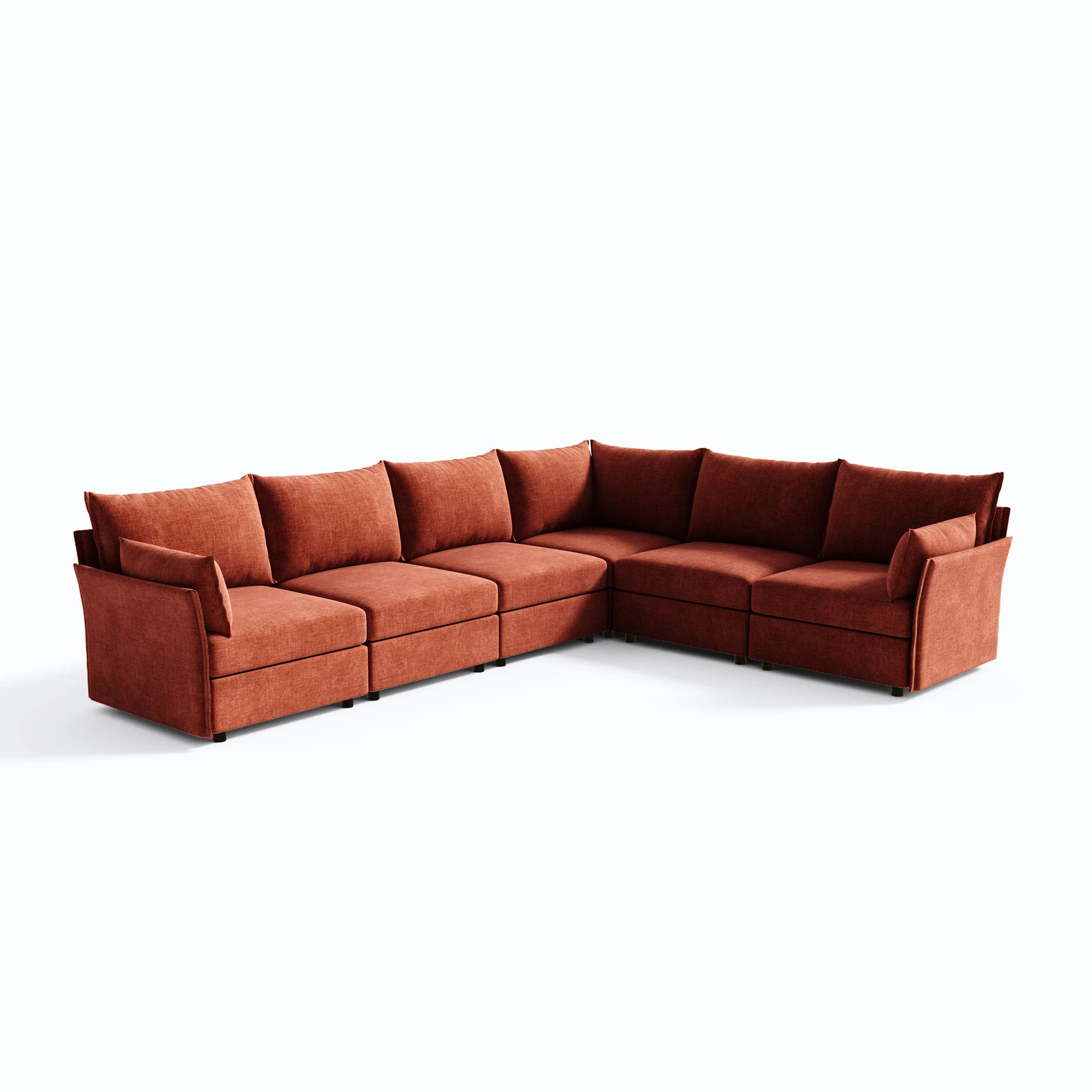 ABCASA Huddle 6-piece large L-shaped modular sectional in terracotta chenille.