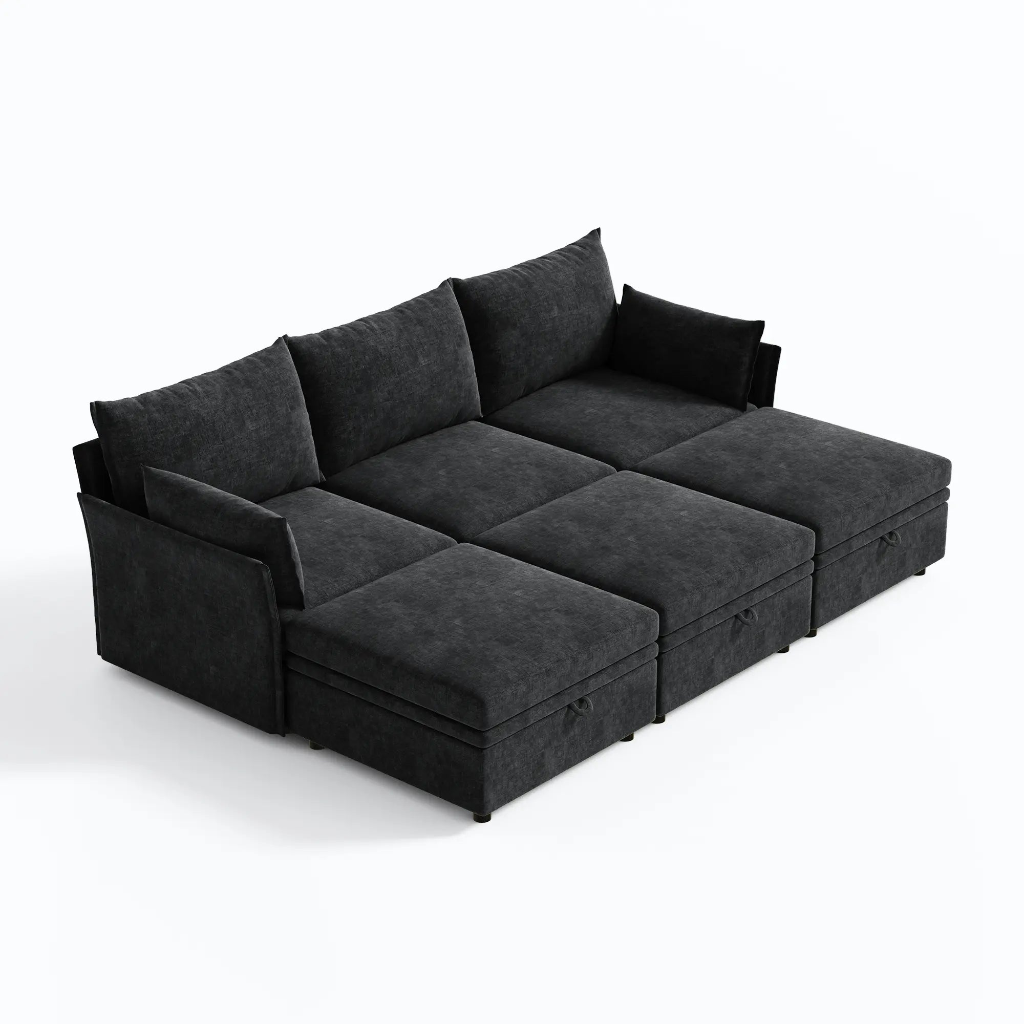Sleek black 6-piece Huddle modular system with 3 ottomans, designed for flexible 103" layouts.