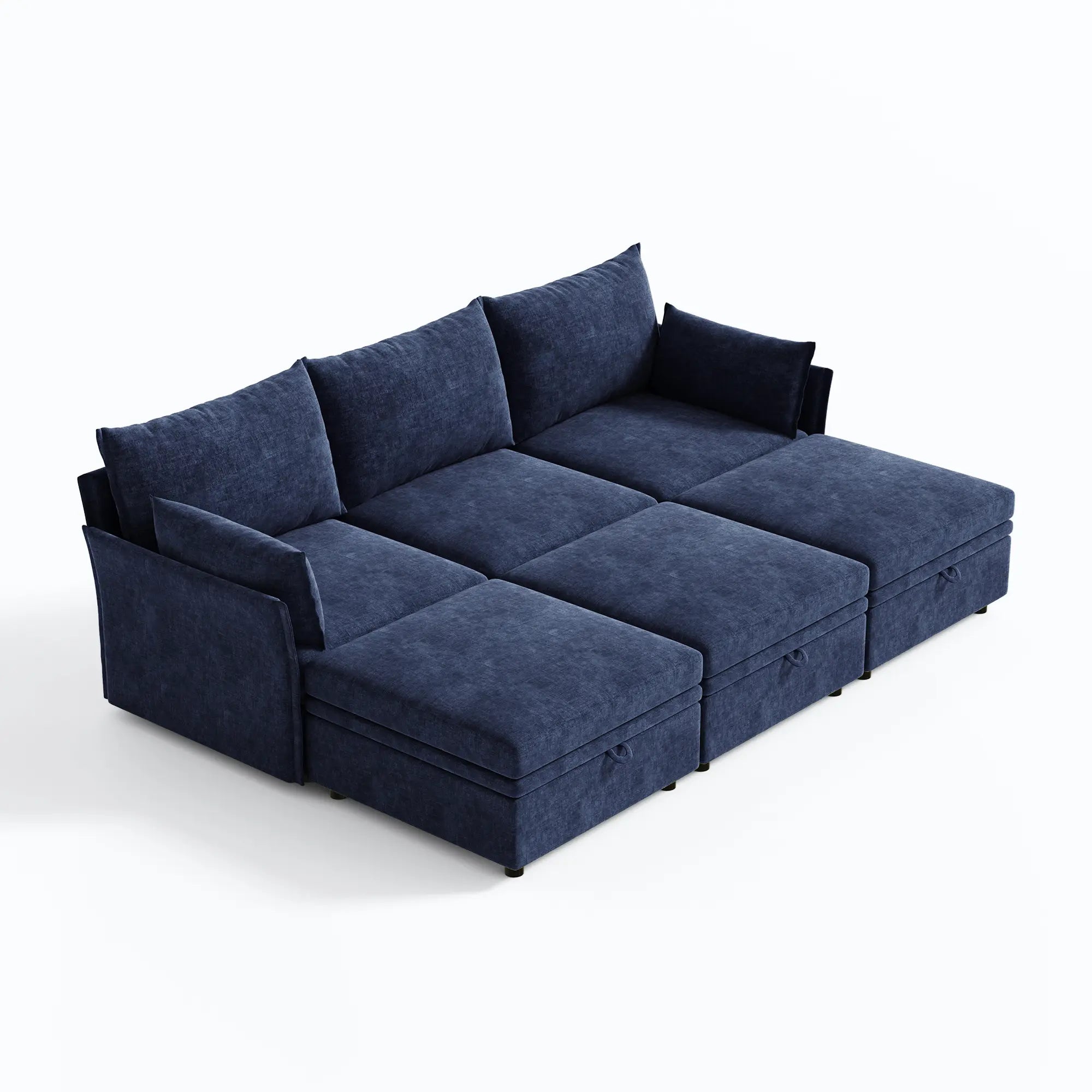 Deep blue Huddle 6-piece chenille modular sofa with 3 ottomans; perfect for home cinema pits.