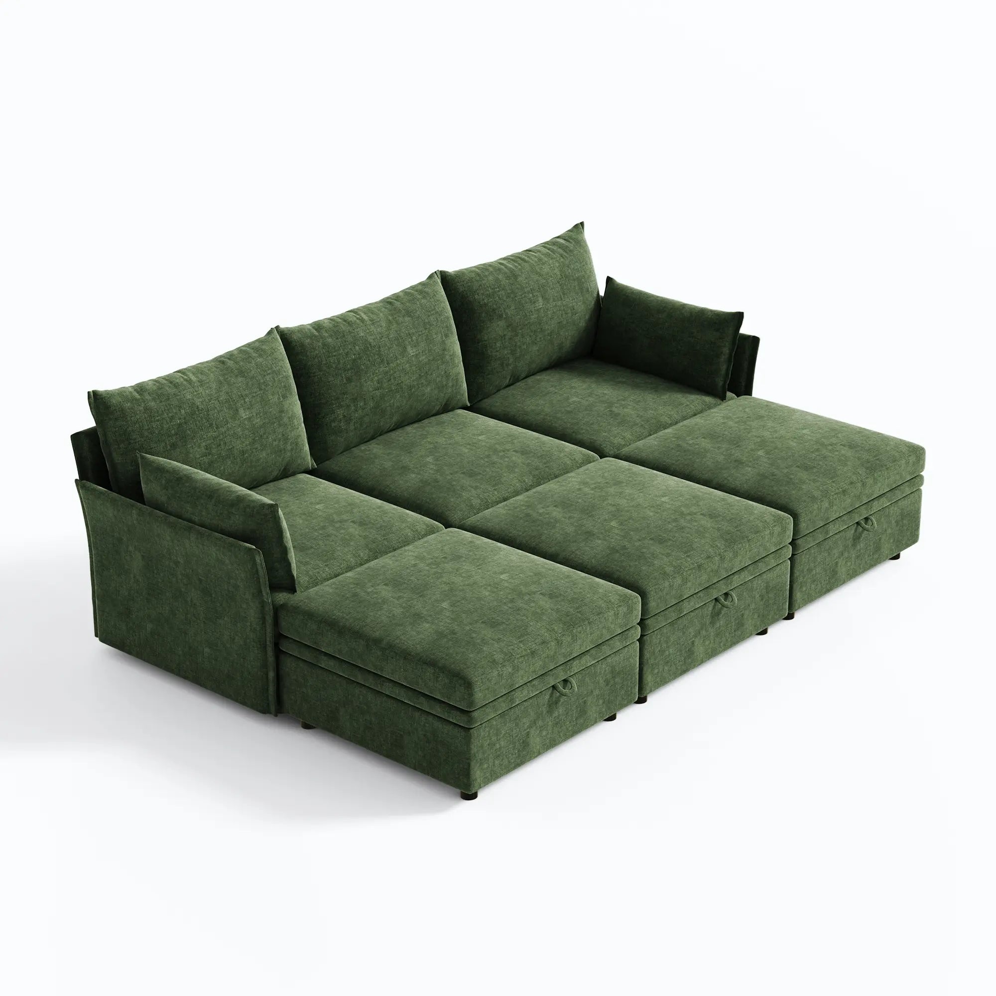 ABCASA Huddle green 6-piece modular pit sofa with three matching storage ottomans.