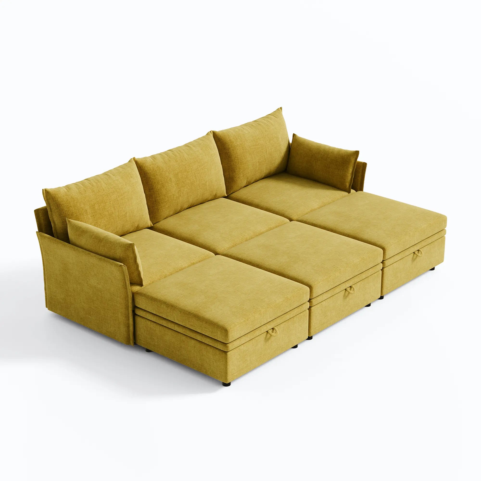 Bright yellow Huddle modular 6-piece sofa set featuring three ottomans for ultimate lounging.