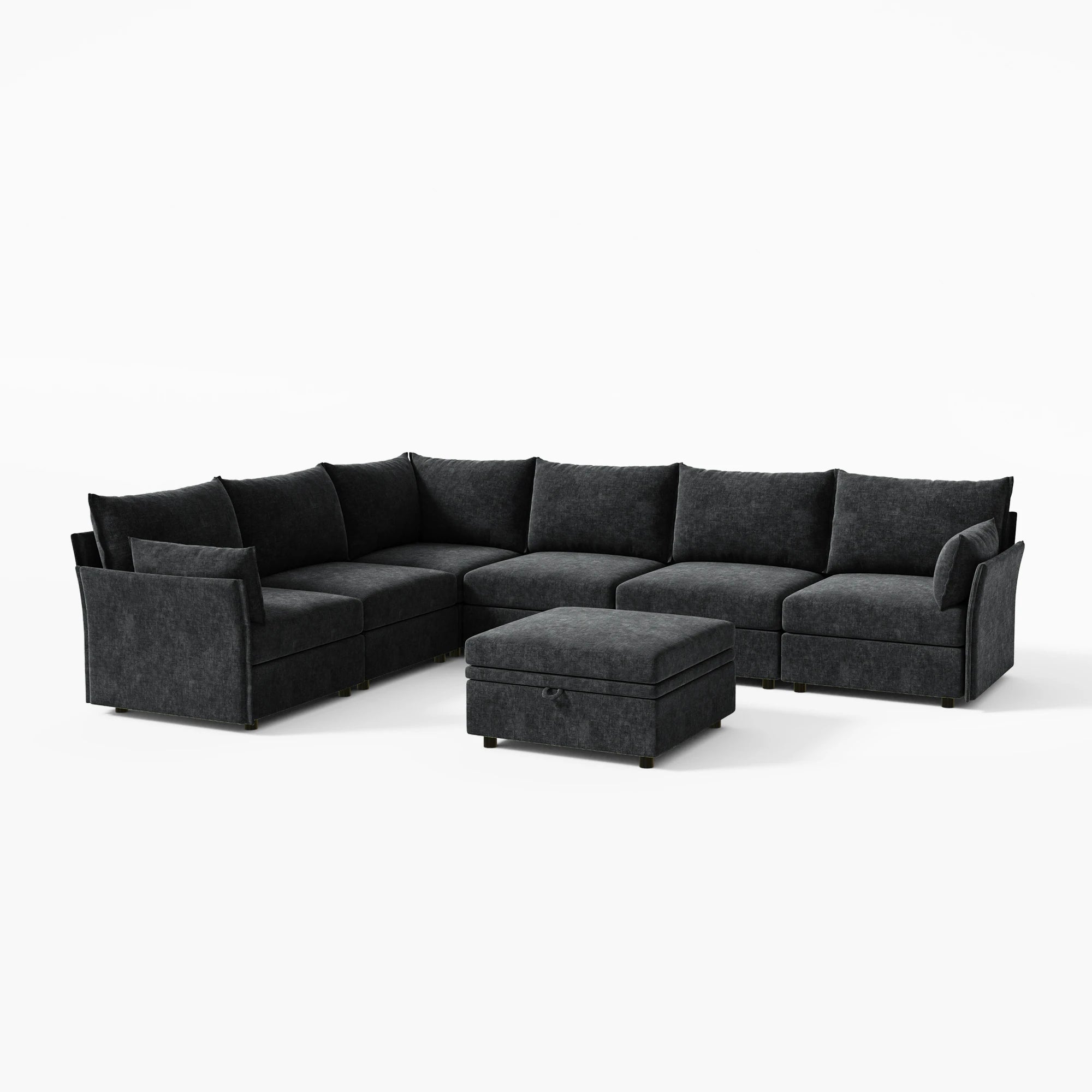 Sleek black 7-piece modular L-shaped sofa with ottoman, ideal for modern apartments.