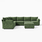 Direct front layout of the Huddle 7-piece L-shaped sectional and ottoman arrangement.