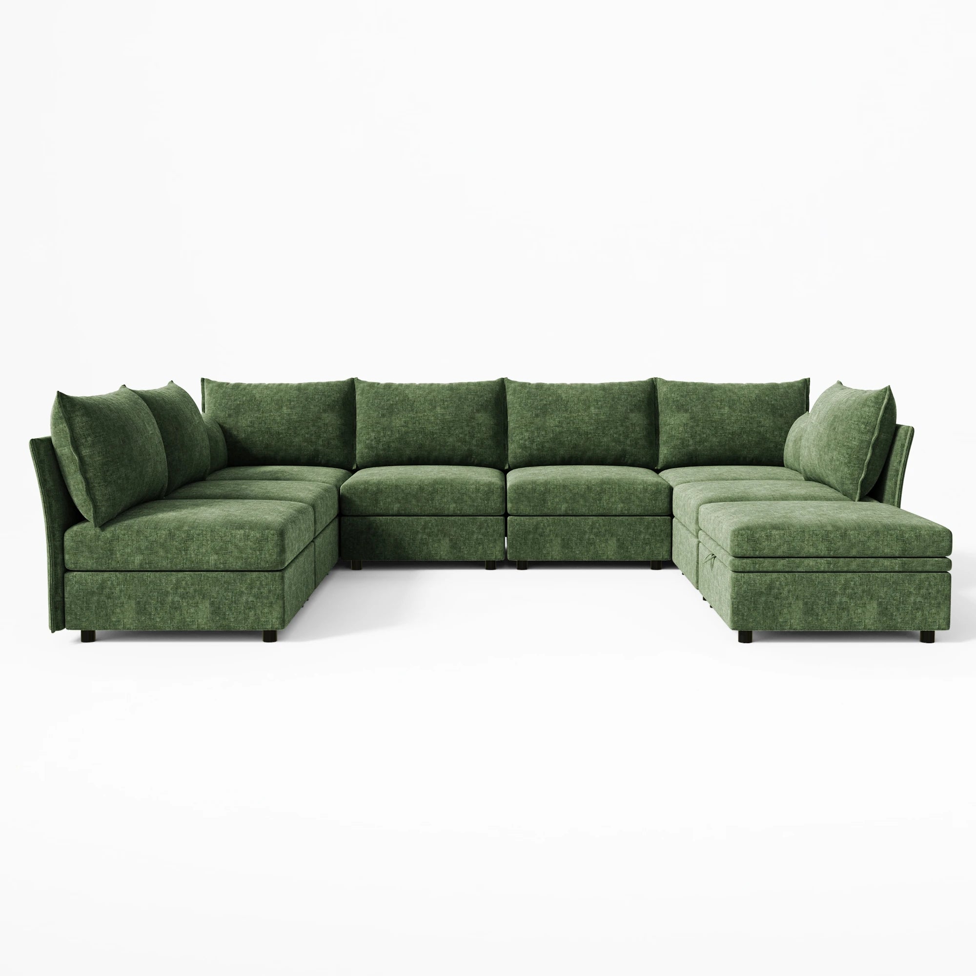 Full front-facing view of the 8-piece Huddle green pit sofa, showing the symmetrical depth and ottoman.