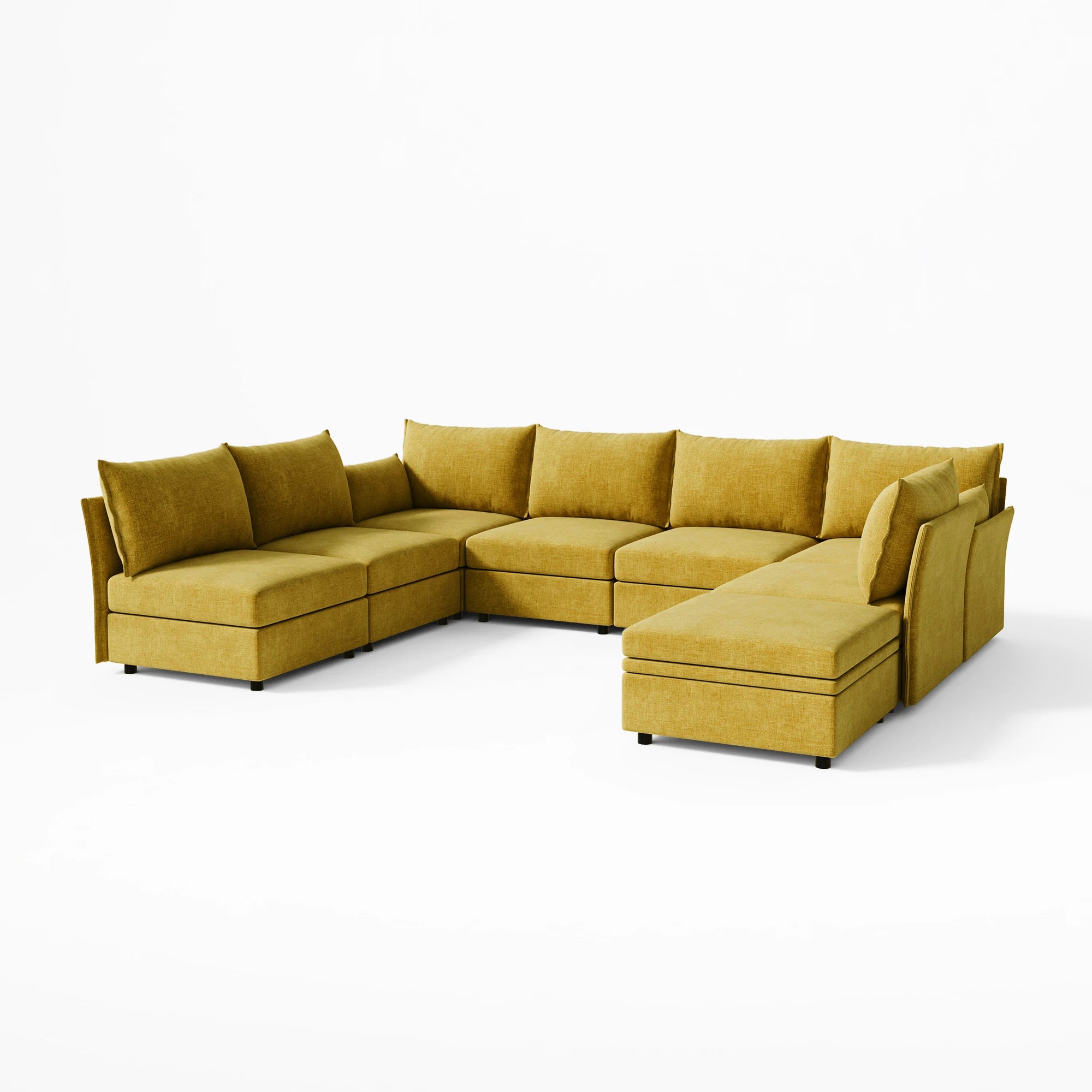Bright yellow 8-piece Huddle modular system in a deep-set U-shape for maximum lounge seating.