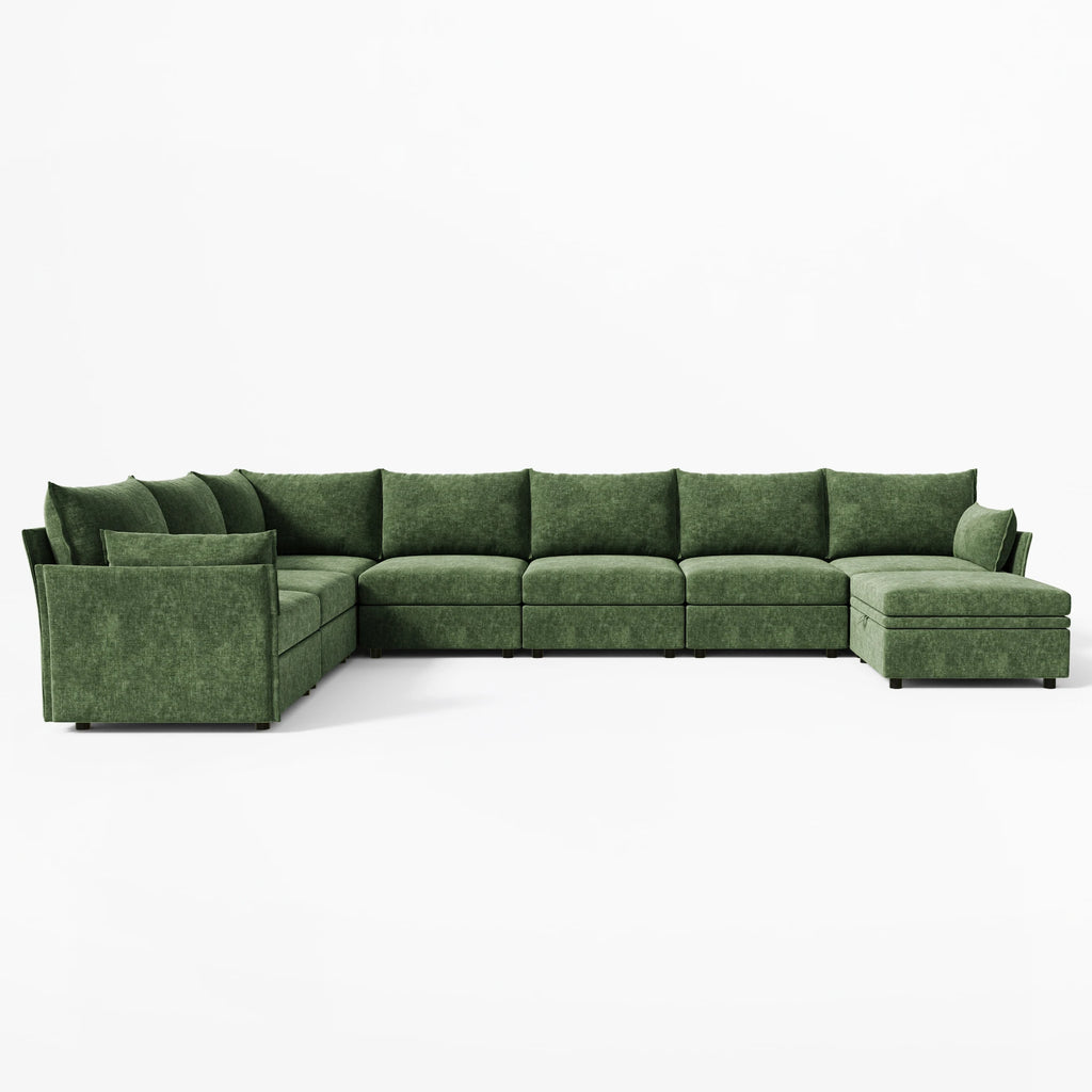 Full front-facing view of the ABCASA Huddle 8-piece green modular L-shaped sectional.