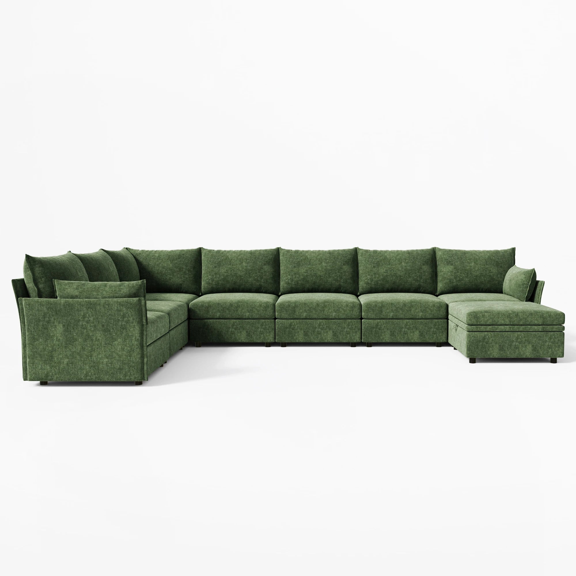 Full front-facing view of the ABCASA Huddle 8-piece green modular L-shaped sectional.