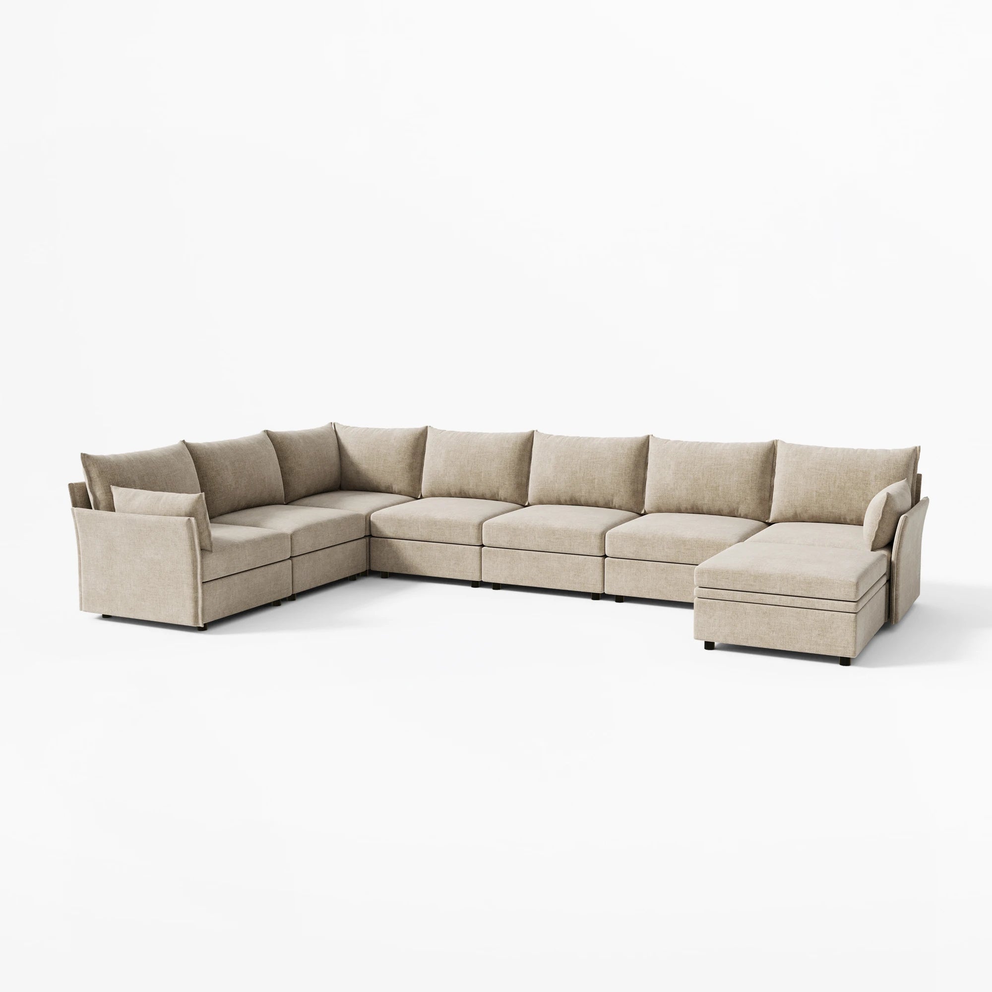 Modern beige 8-piece XL L-shaped modular sectional with ottoman by ABCASA.
