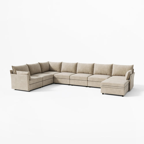 Modern beige 8-piece XL L-shaped modular sectional with ottoman by ABCASA.