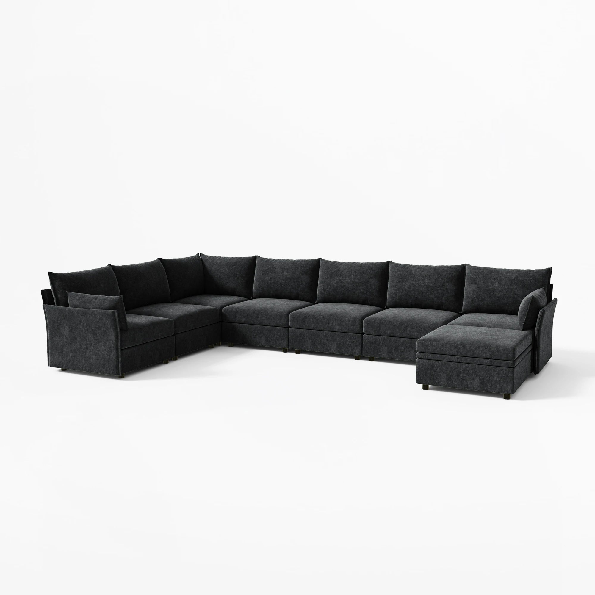 Sleek black 8-piece modular L-shaped sectional main view, perfect for oversized lounge areas.