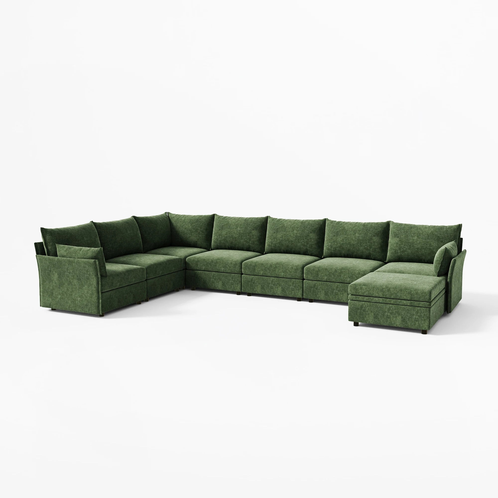Slightly angled main view of the ABCASA Huddle 8-piece L-shaped sectional in green chenille.