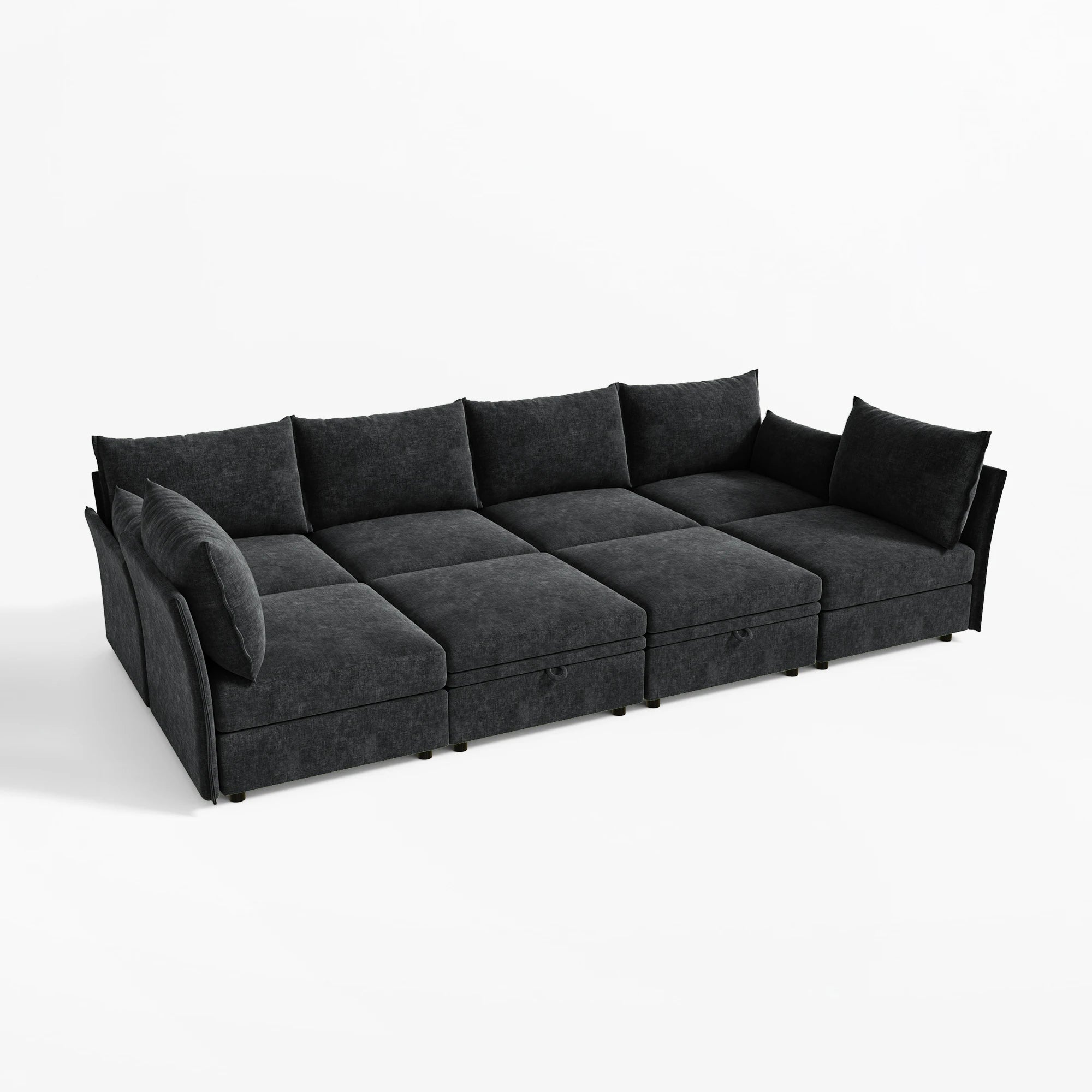 Sleek black 8-piece modular pit sectional main view, showing the seamless sofa-bed surface and ottomans.