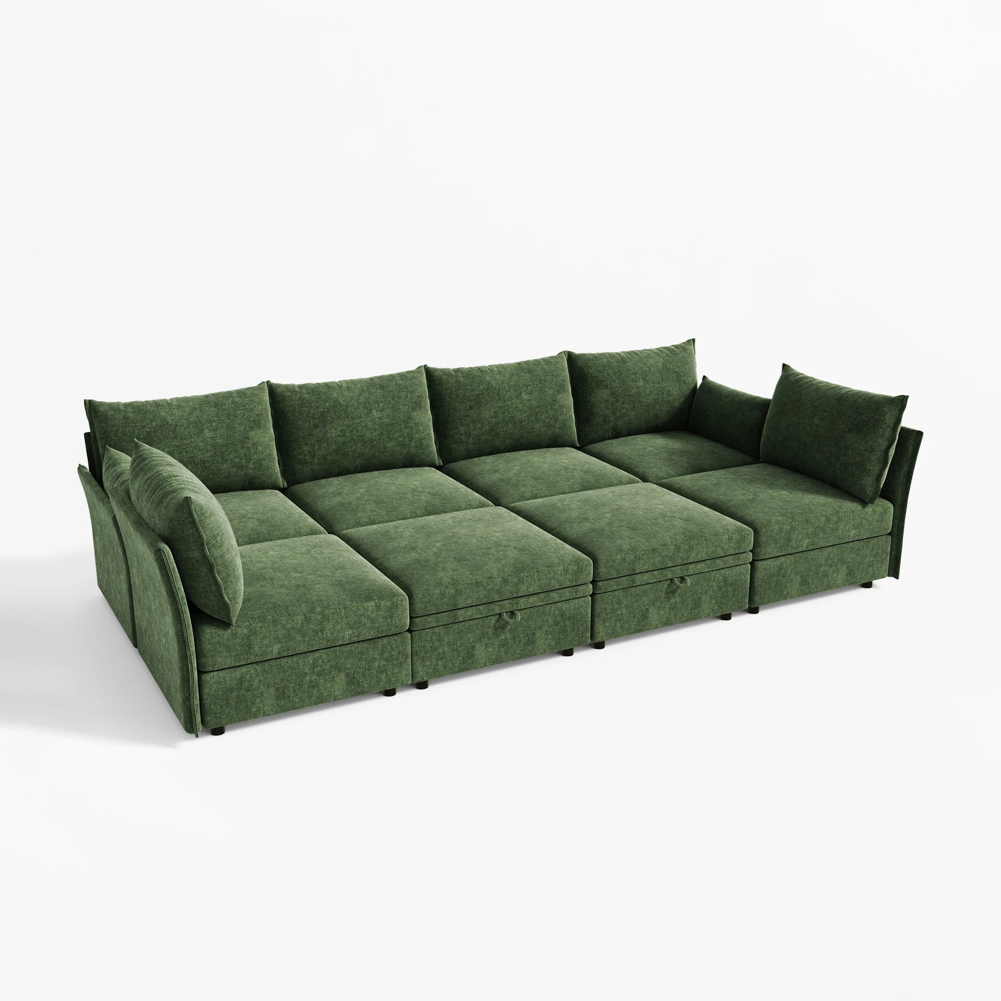 Slightly angled main view of the ABCASA Huddle 8-piece green modular sofa configured as a massive pit sofa bed.