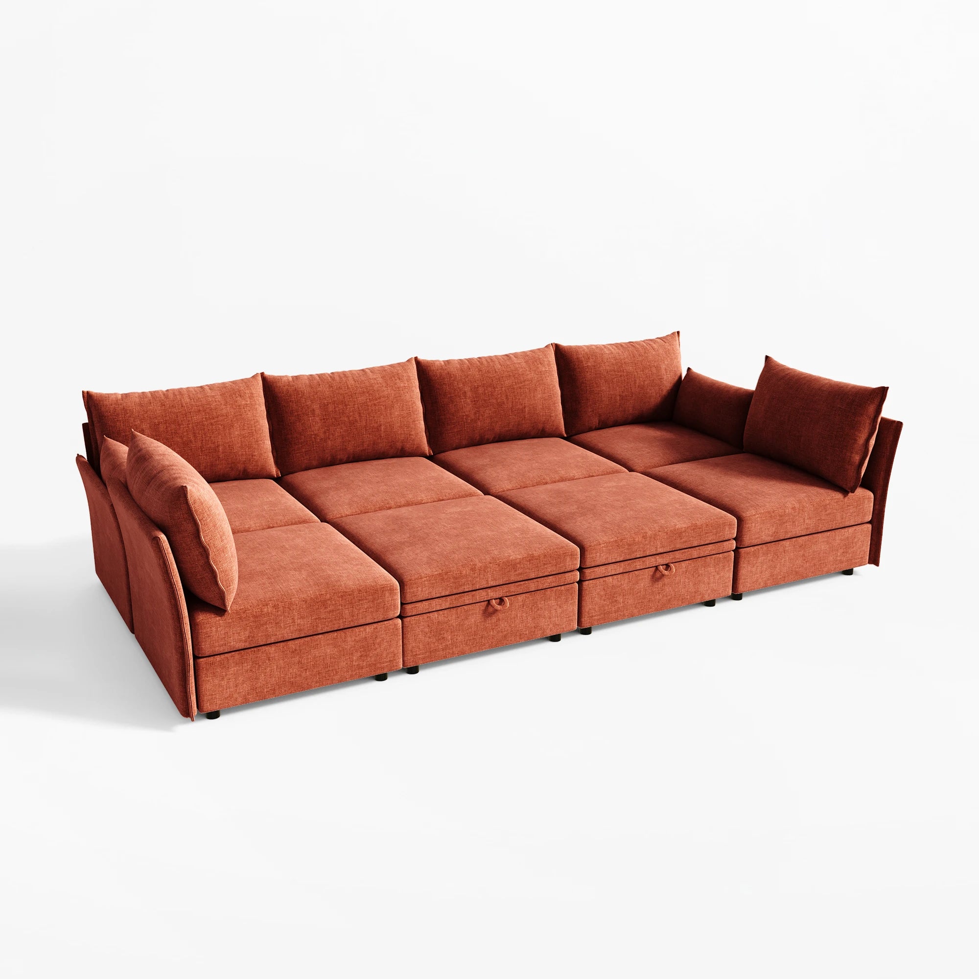 Terracotta 8-piece Huddle modular sectional in a solid pit-bed layout, featuring plush chenille upholstery.