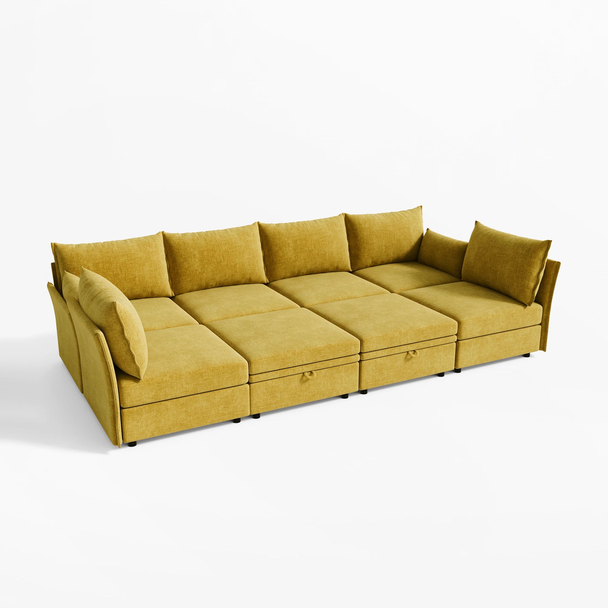 Bright yellow 8-piece Huddle modular sofa system in a full-surface lounging pit configuration.