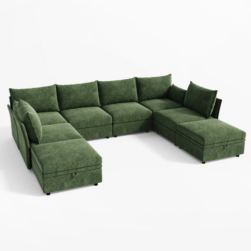 ABCASA Huddle 8-piece green modular sectional reconfigured into a deep U-shape with double-length end chaises.