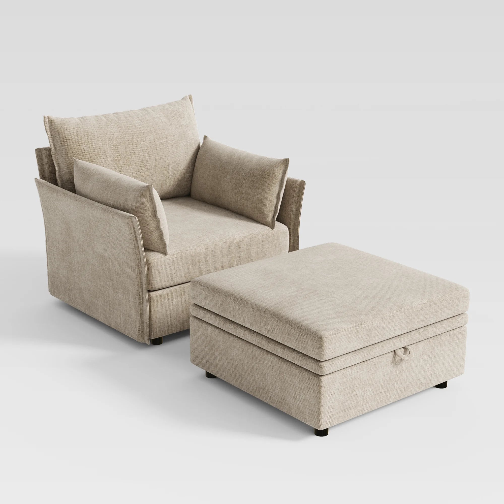 Modern beige chenille accent chair with matching storage footstool by ABCASA.