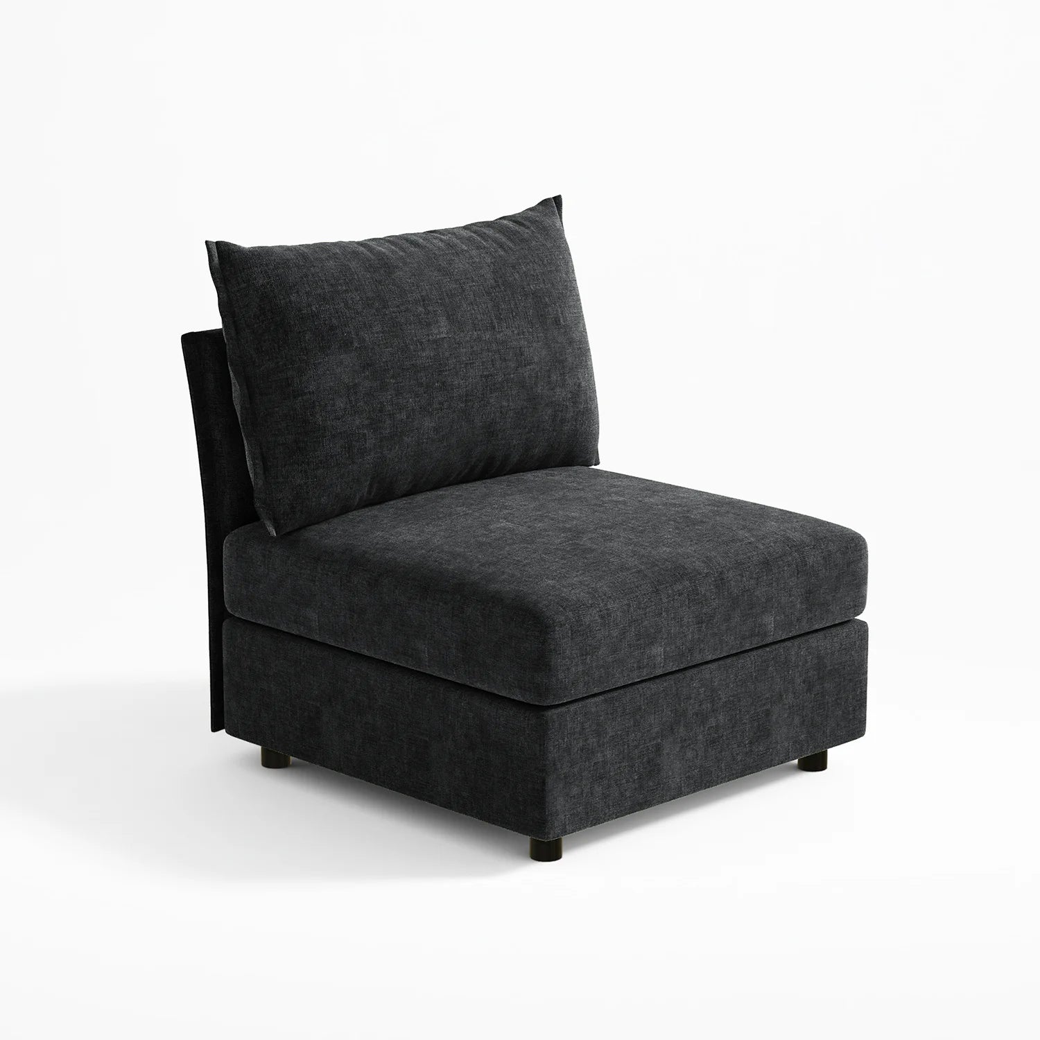 Black armless modular chair; essential building block for the Huddle modular sofa series.