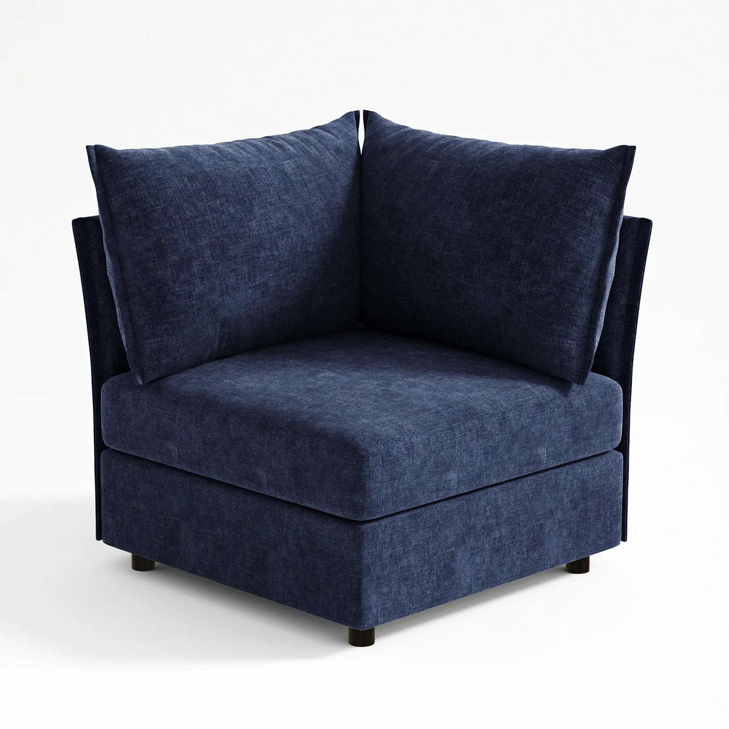 Blue chenille corner unit; high-quality modular wedge for custom Huddle sectionals.