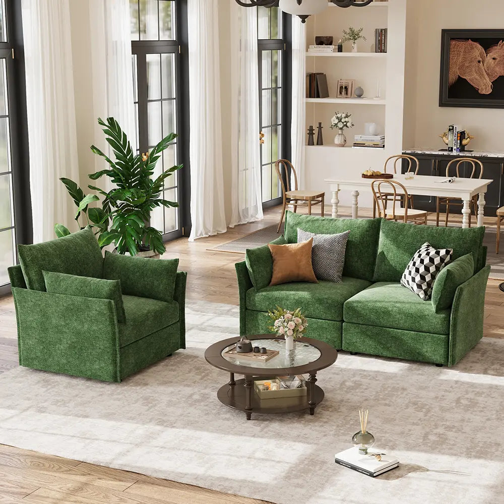 Family-friendly small space seating with the Huddle 2-piece modular green sofa.