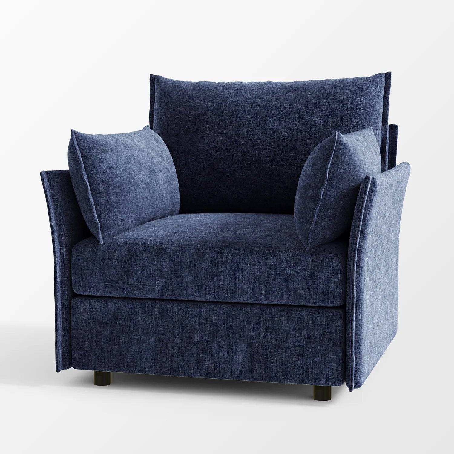 Modern blue Huddle storage chair upholstered in premium textured chenille fabric.