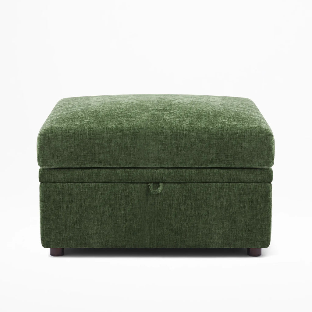 Versatile Huddle modular ottoman in green, functions as a footrest, chaise, or coffee table.