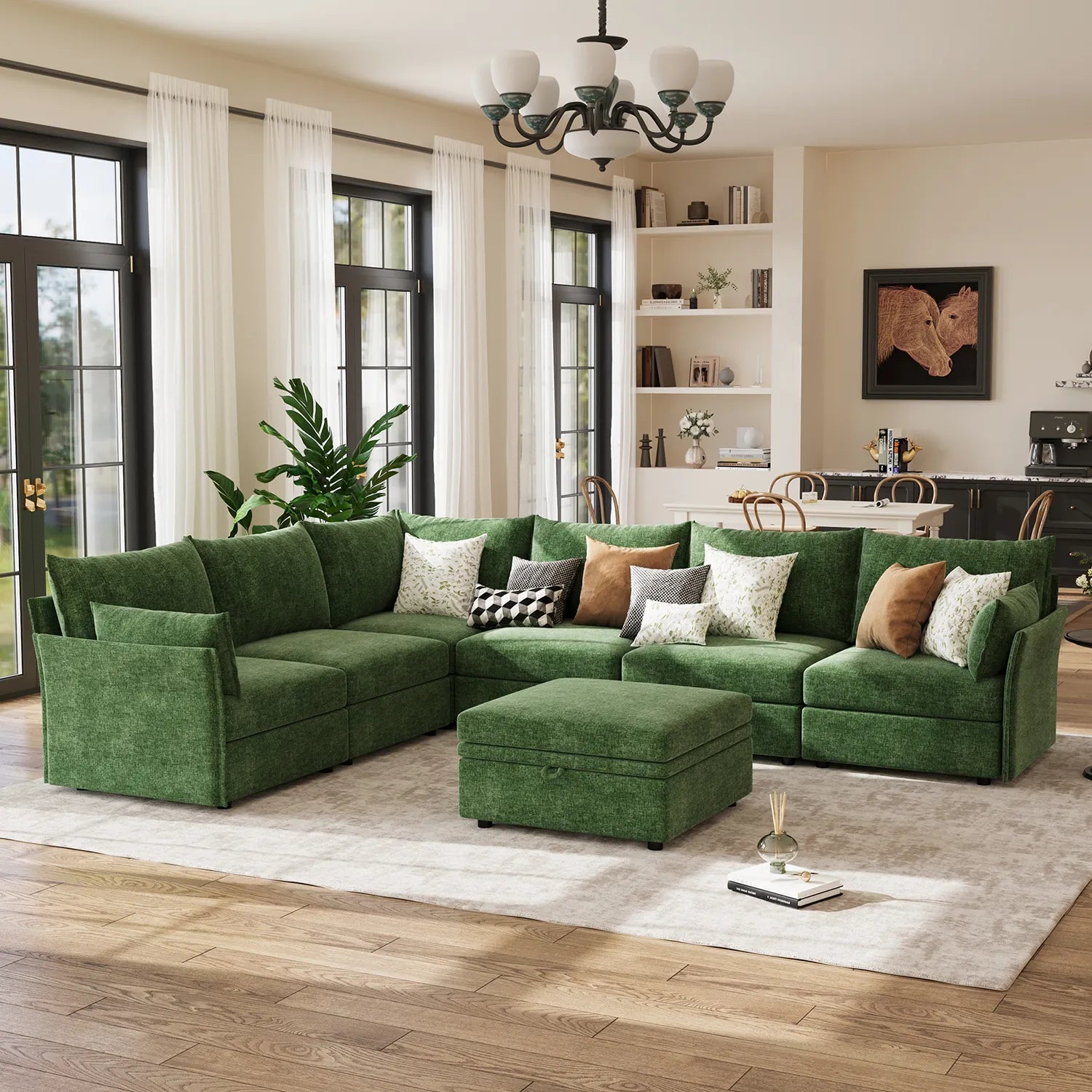 Modern living room featuring the ABCASA Huddle green sectional with contemporary decor.
