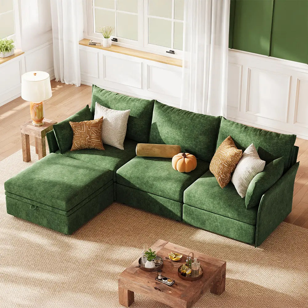 Japandi-style living room featuring the green Huddle modular sofa, combining Scandinavian functionality with Japanese rustic minimalism.