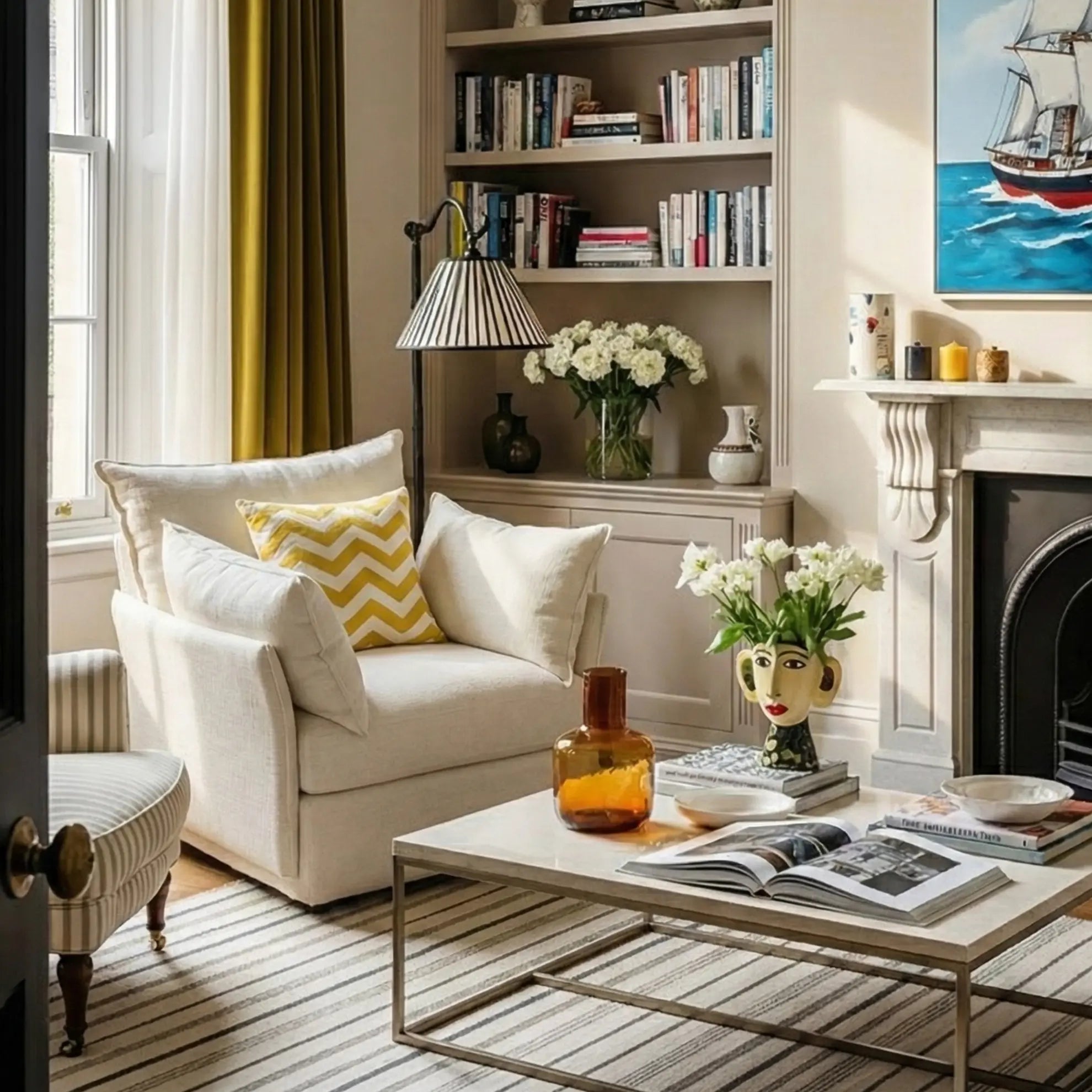 Cozy living room with a Huddle white armchair, coffee table, and bookshelf.