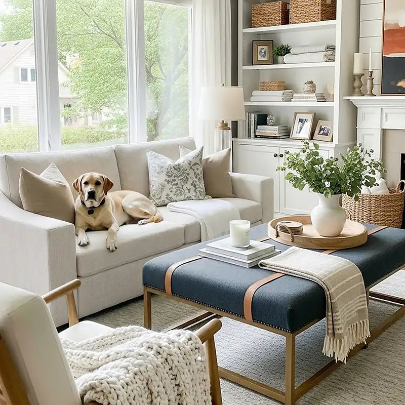 Cozy living room with a dog on an ABCASA Cove couch, books, and decorative items.